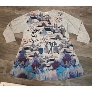 Et Lois Women Large Tunic Top Gray Winter Landscape Penguin Skiing H3071